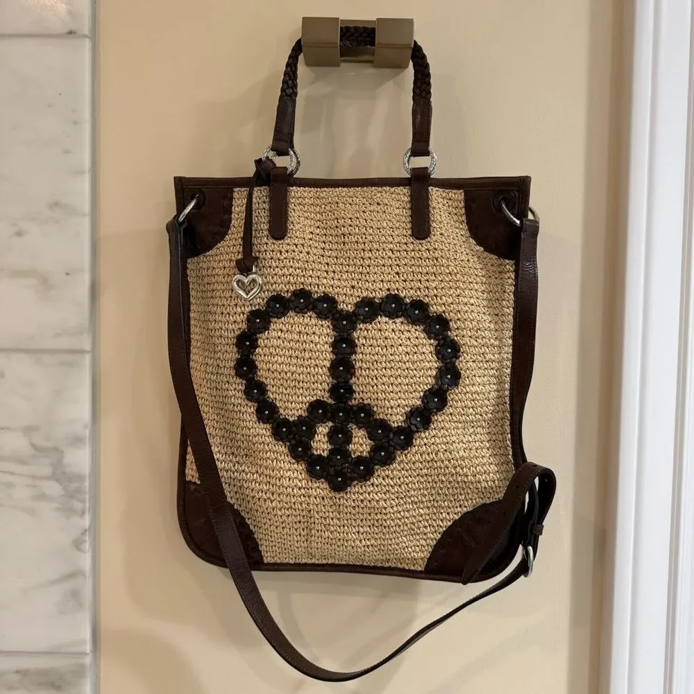 Brighton Brown and Tan Woven Tote with Peace Sign
